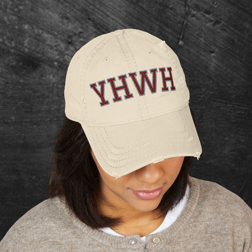 YHWH Embroidered Distressed Dad Hat — Vintage Religious Baseball Cap
