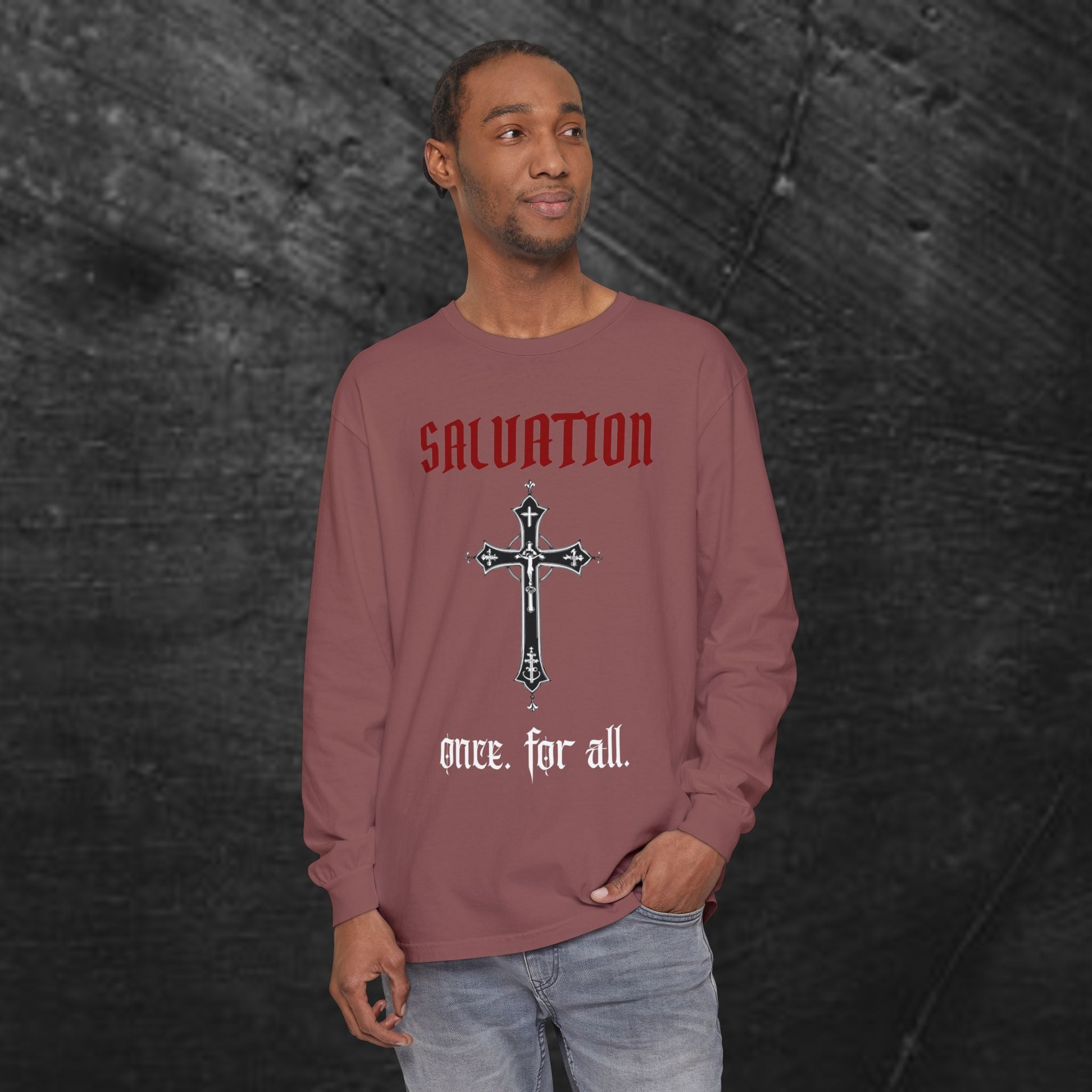 Long Sleeve Tee — "Salvation. Once for All" Cross Graphic