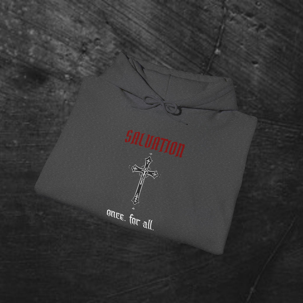 Salvation 'Once. For all.' Cross Hoodie — Christian Faith Graphic Hooded Sweatshirt