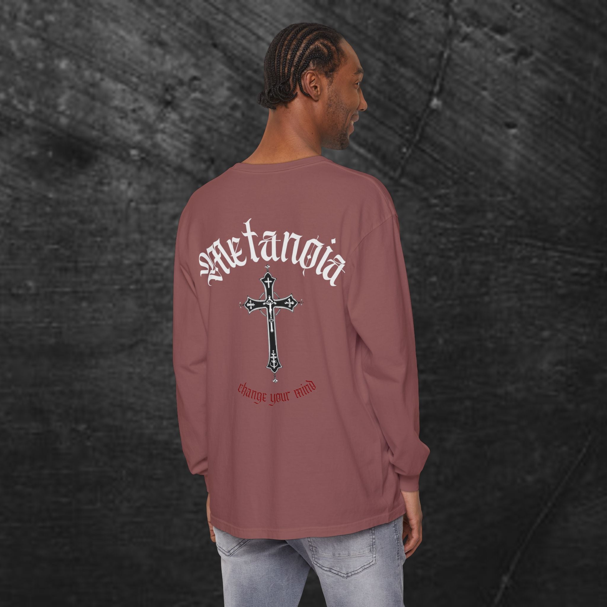 Metanoia Cross Long Sleeve Tee — Gothic Faith Graphic Long Sleeve