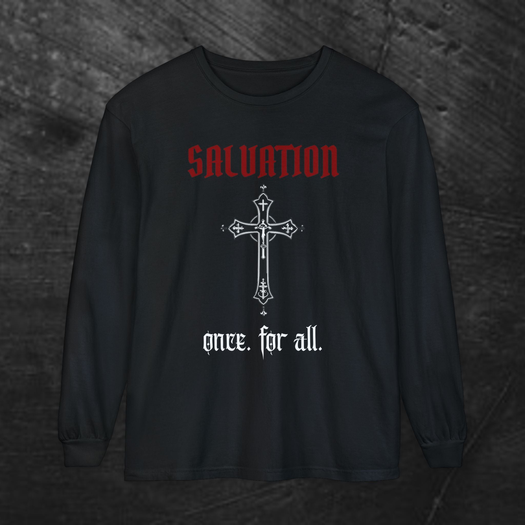 Long Sleeve Tee — "Salvation. Once for All" Cross Graphic