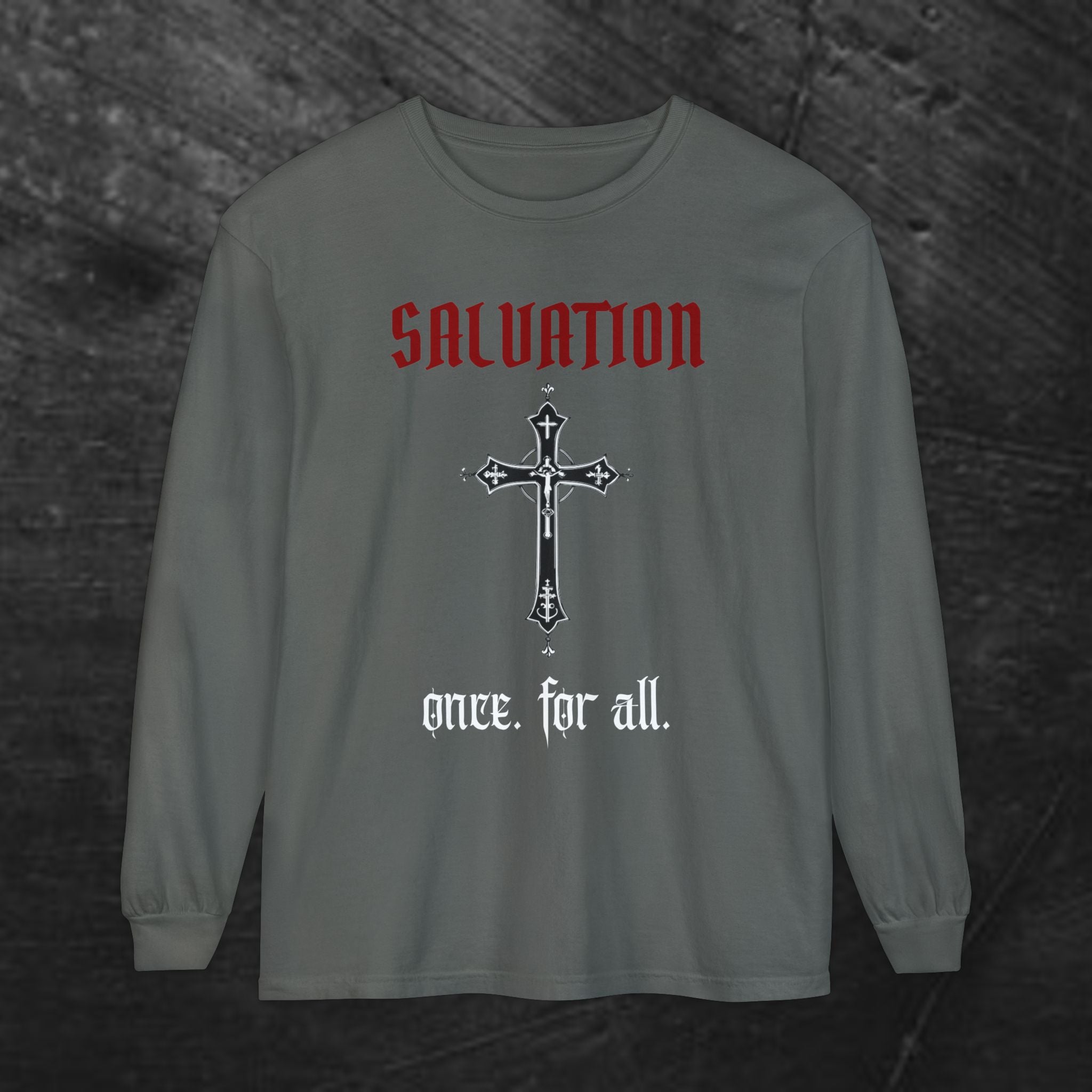 Long Sleeve Tee — "Salvation. Once for All" Cross Graphic