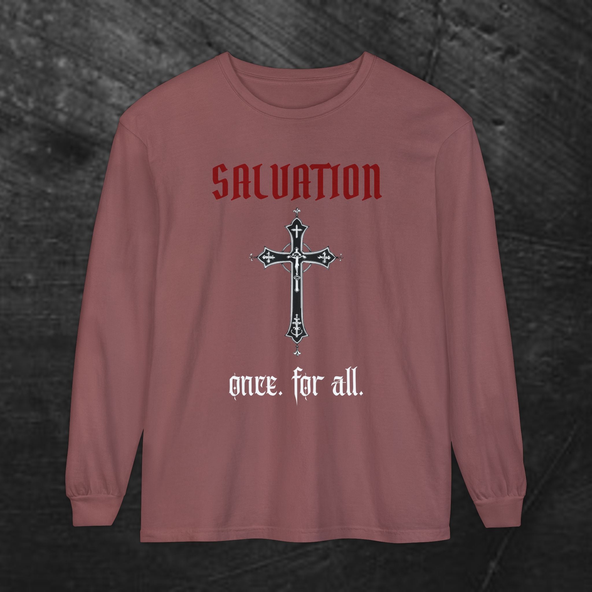 Long Sleeve Tee — "Salvation. Once for All" Cross Graphic