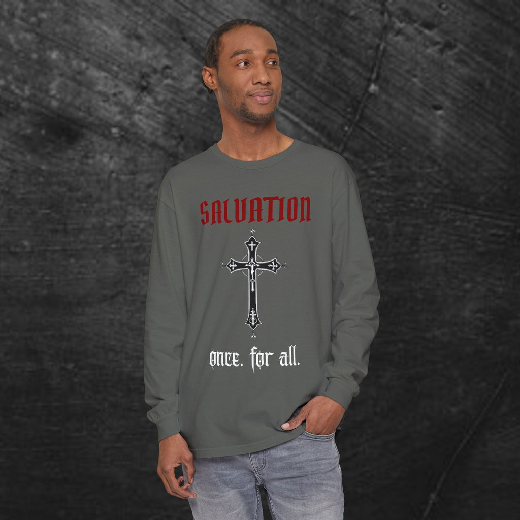 Long Sleeve Tee — "Salvation. Once for All" Cross Graphic