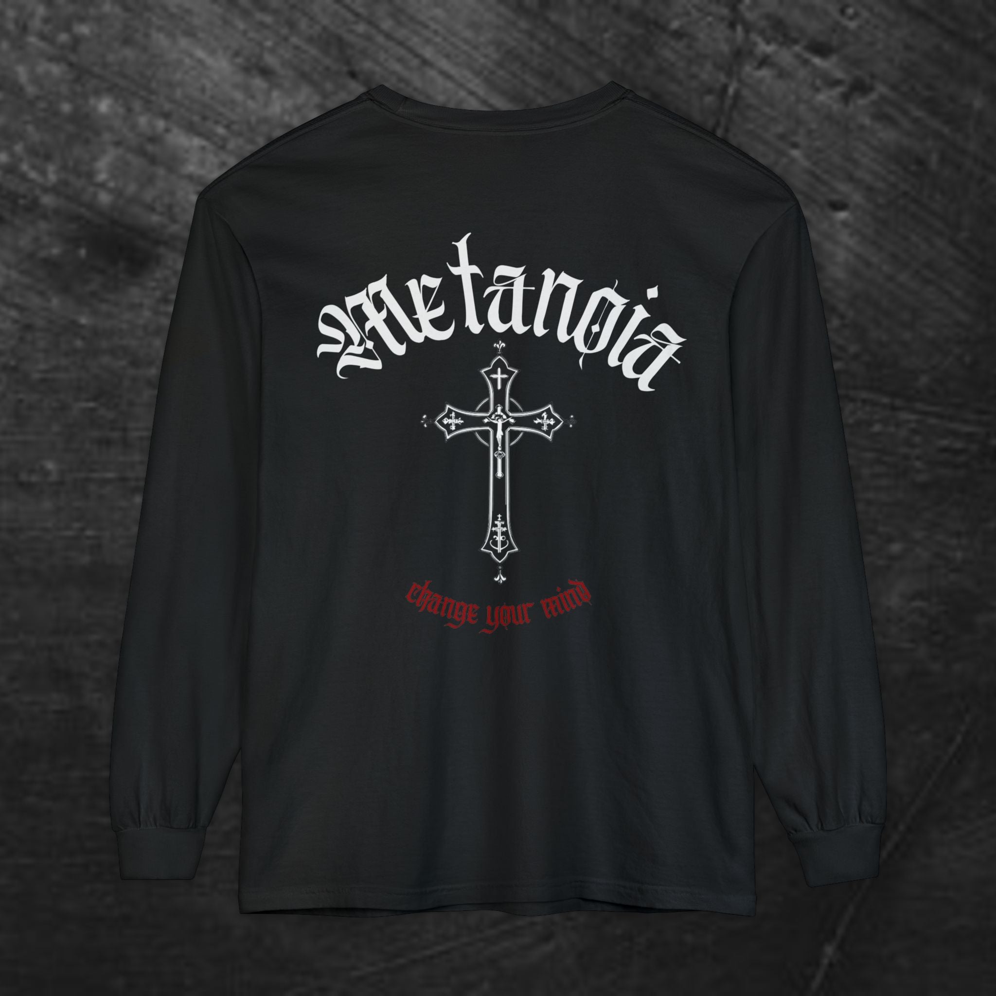 Metanoia Cross Long Sleeve Tee — Gothic Faith Graphic Long Sleeve