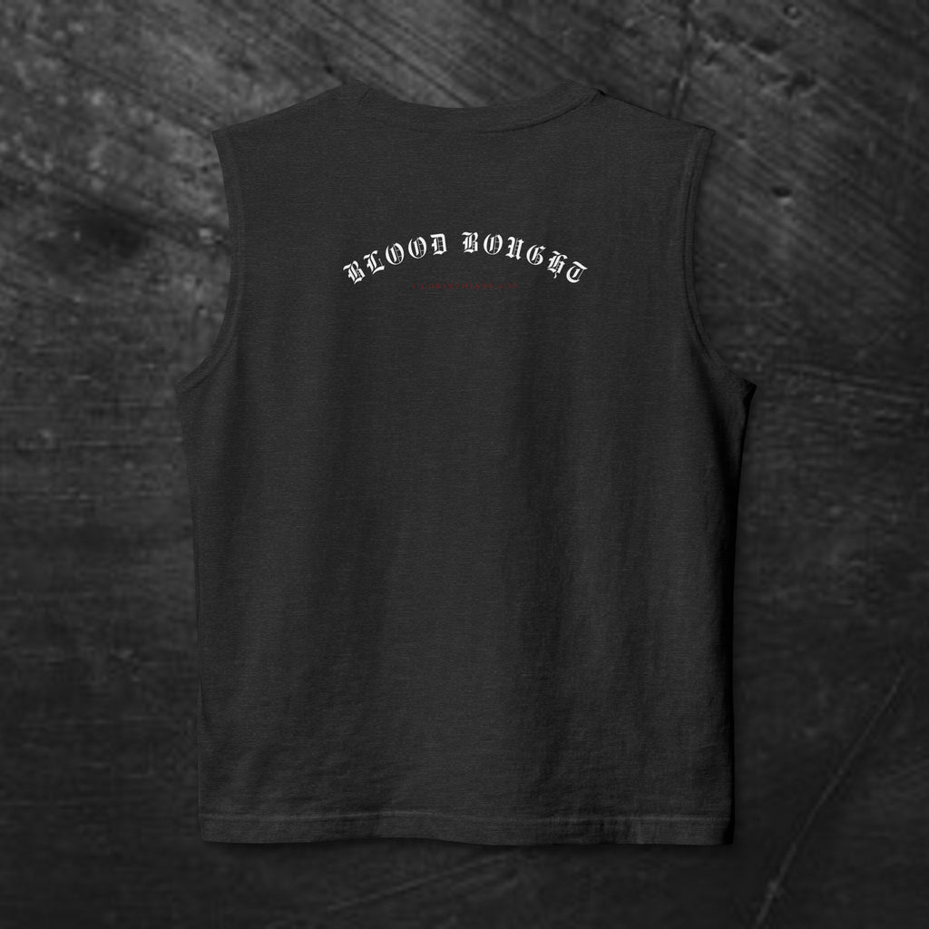 Salvation Cross Muscle Tank — “Once. For All.” Religious Gothic Faith Tee