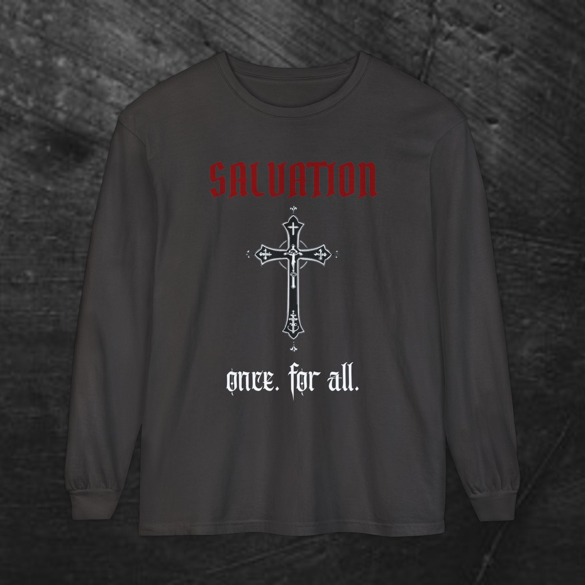 Long Sleeve Tee — "Salvation. Once for All" Cross Graphic