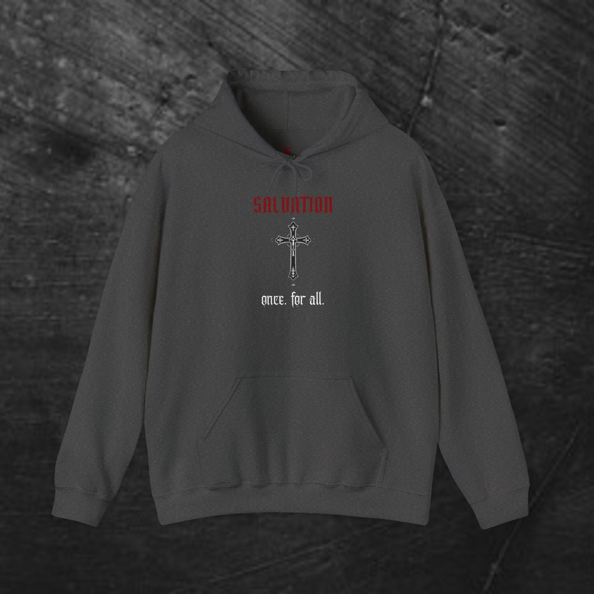Salvation 'Once. For all.' Cross Hoodie — Christian Faith Graphic Hooded Sweatshirt