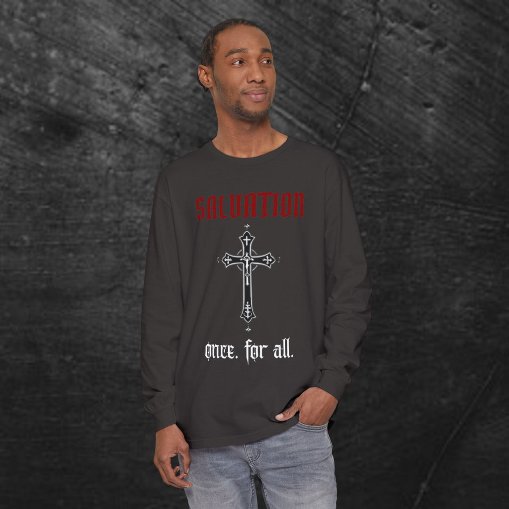Long Sleeve Tee — "Salvation. Once for All" Cross Graphic