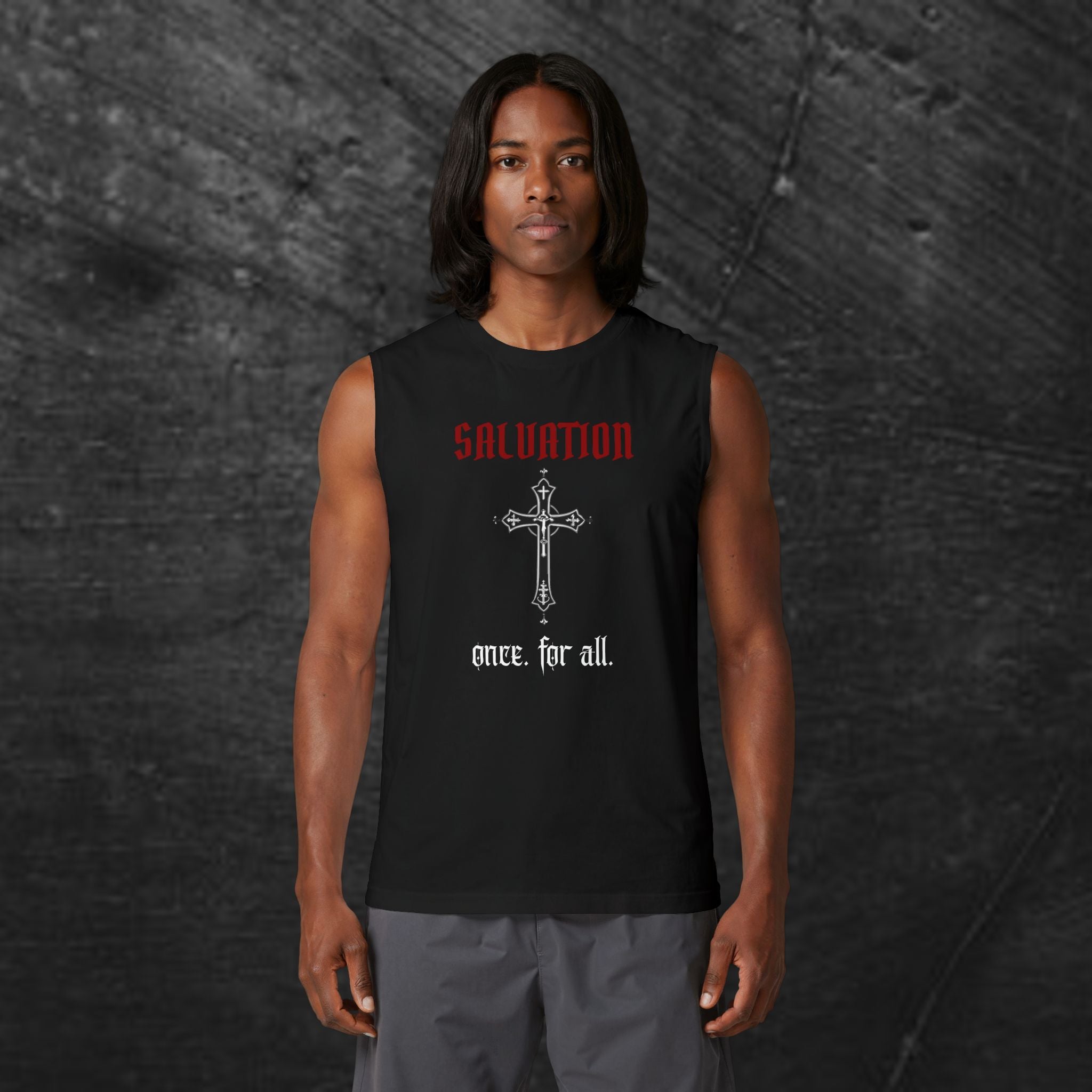 Salvation Cross Muscle Tank — “Once. For All.” Religious Gothic Faith Tee