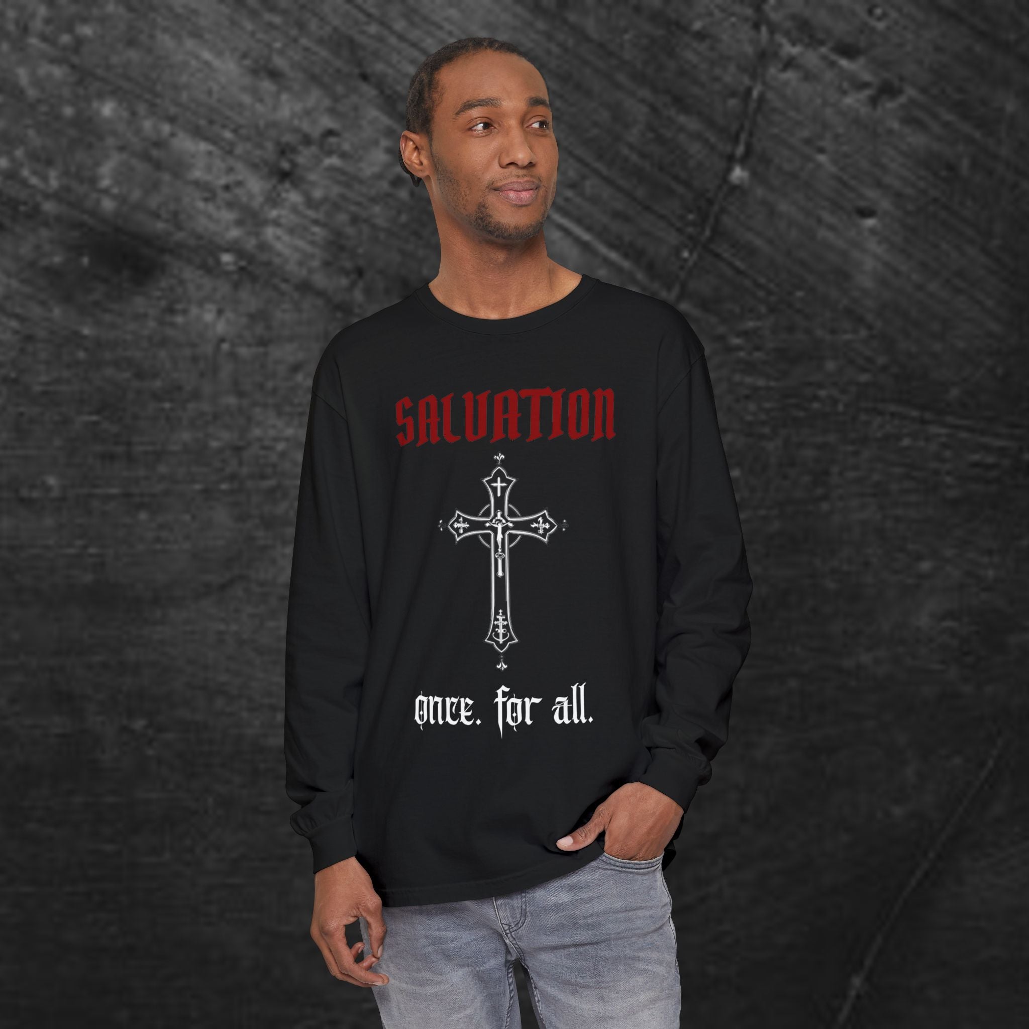 Long Sleeve Tee — "Salvation. Once for All" Cross Graphic