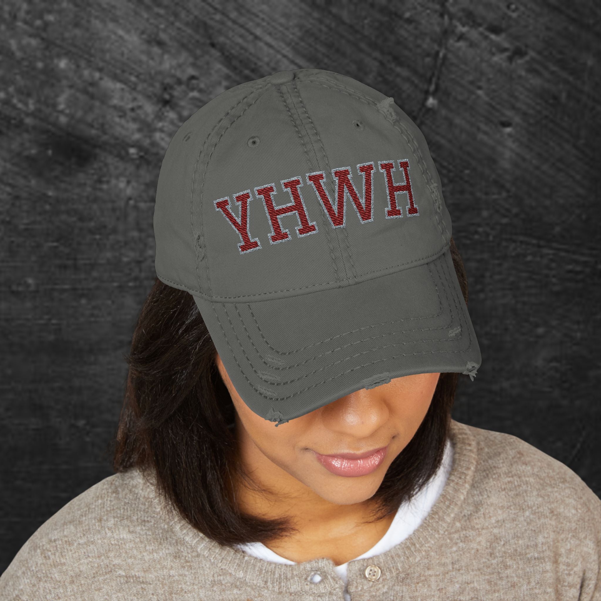 YHWH Embroidered Distressed Dad Hat — Vintage Religious Baseball Cap